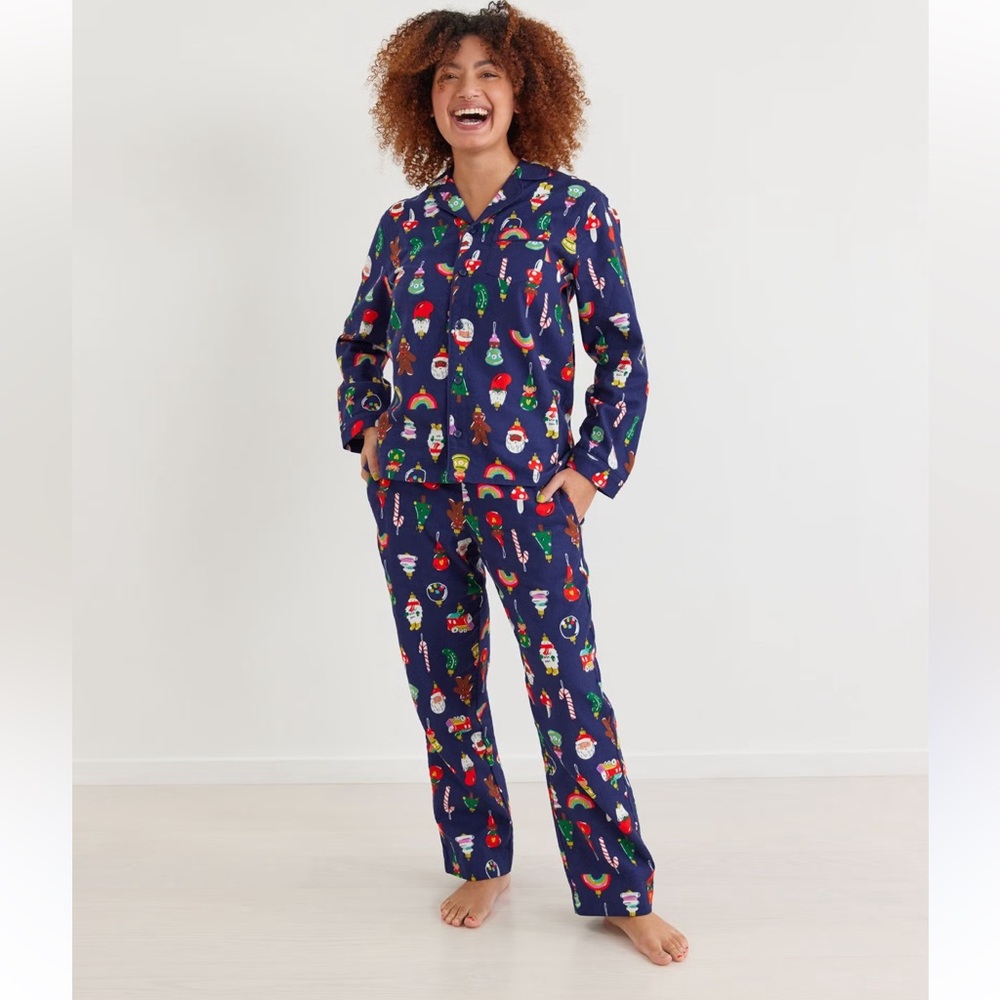 Hanna Anderson XL Adult Unisex Cotton Flannel Holiday Blue Ornament 2 Pc Pajama